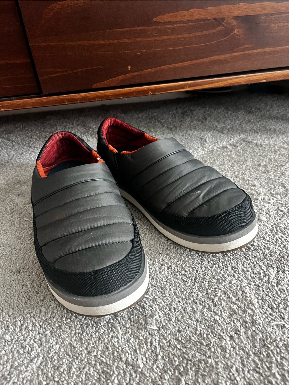 Sanuk Quilted Slip-On Loafers in Black with Red & Orange Trim